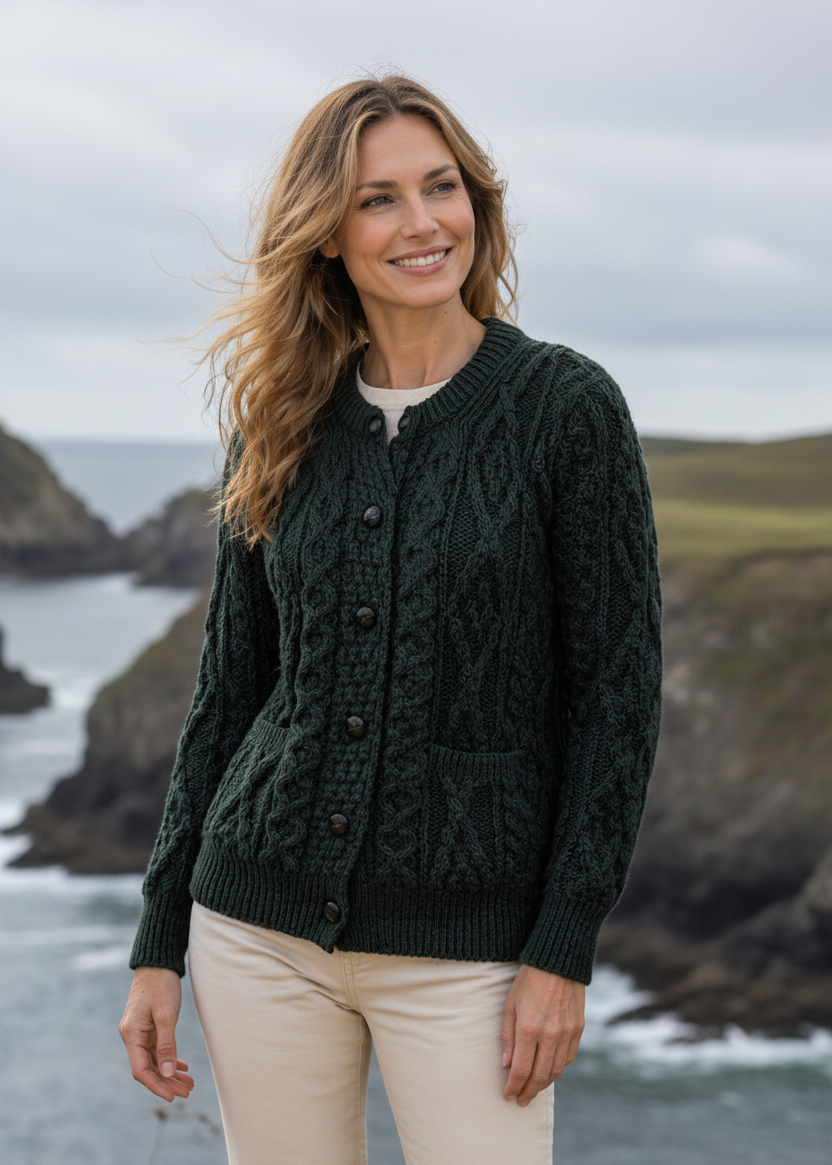 Inagh Ladies Aran Cardigan | Army Green | 100% Worsted Wool