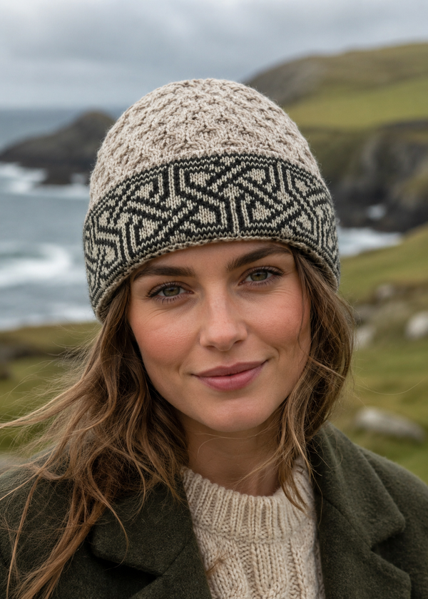 Aran Celtic Design Wool Hat - Parsnip