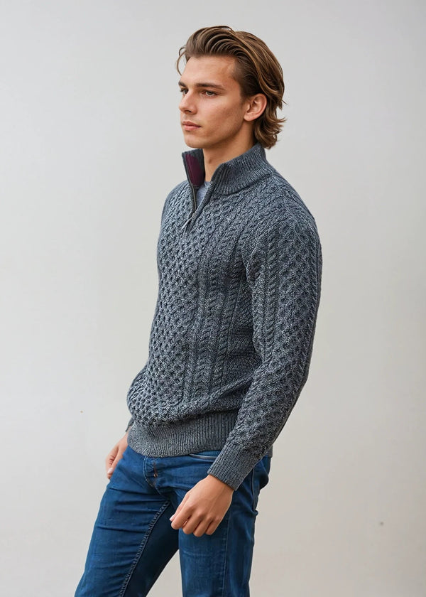Aran Merino Wool Half Zip Sweater | Slate