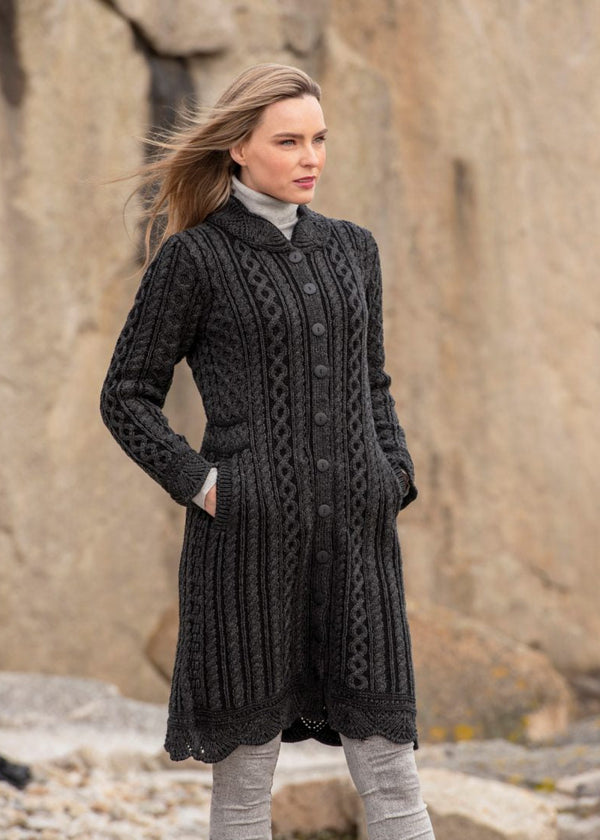 Aran Crafts Scallop Edge Coat | Charcoal Grey Merino Wool