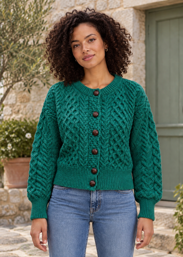 Ladies Merino Cropped Classic Aran Cardigan | Green
