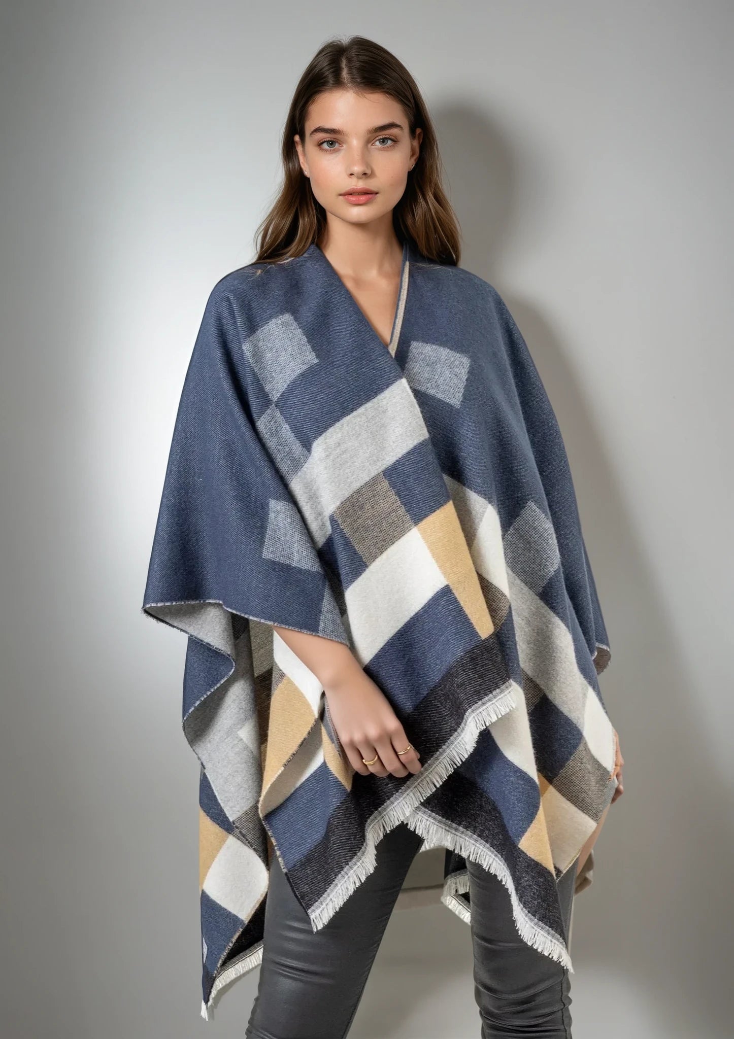 Jimmy Hourihan Fringed Shawl with Checkerboard Design