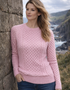 Ladies Slim-Fit Aran Sweater | Rose Pink | 100% Merino Wool