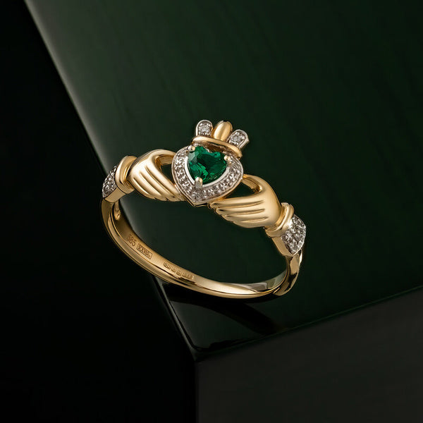 14K Gold Diamond & Emerald Claddagh Ring