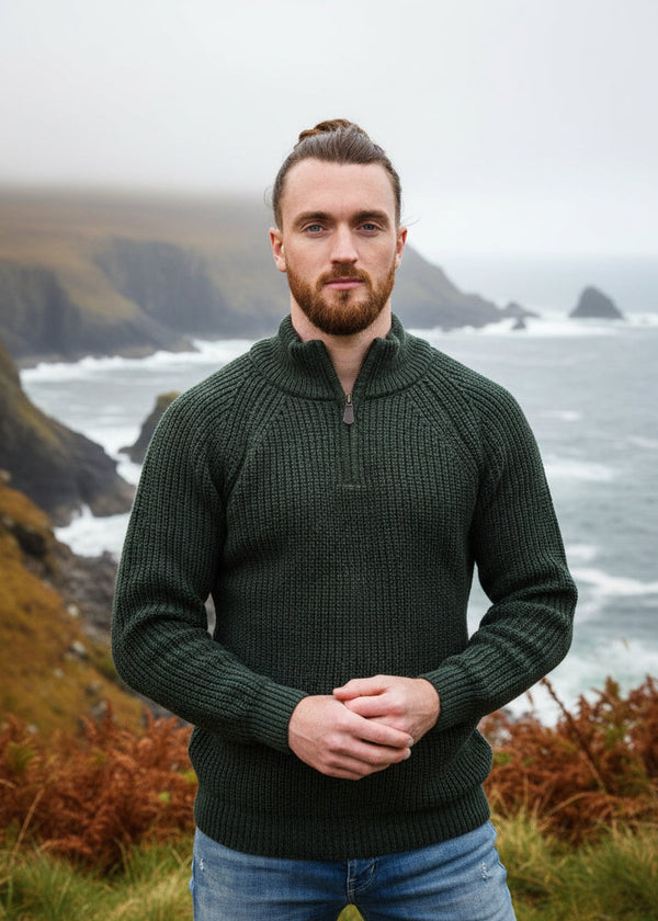 Fisherman Rib 1/2 Zip Merino Sweater | Army Green 