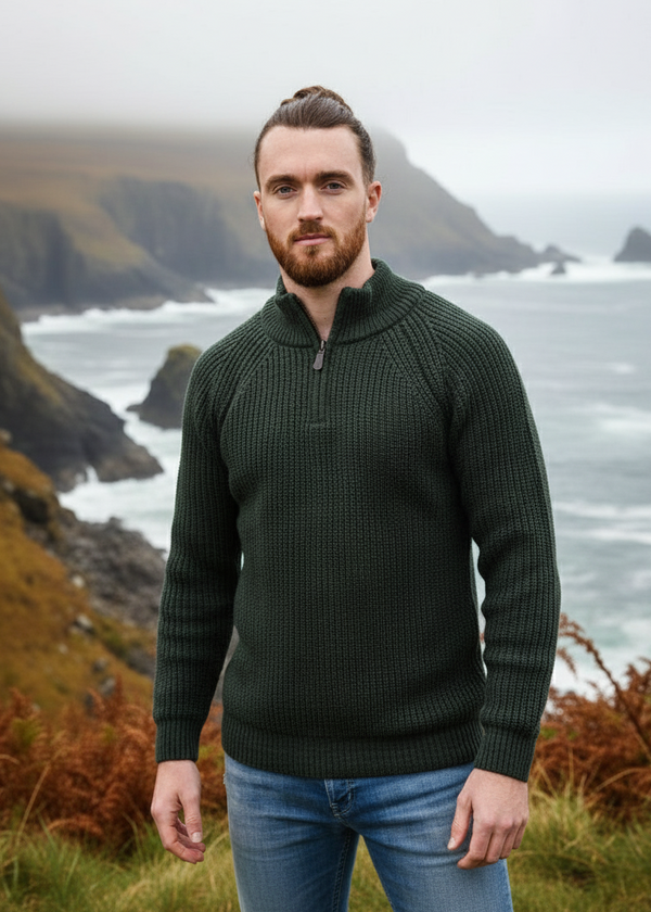 Fisherman Rib 1/2 Zip Merino Sweater | Army Green