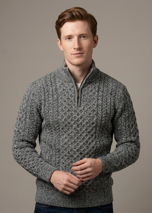 Aran Cable Knit Half Zip Sweater - 100% Merino Wool | Slate