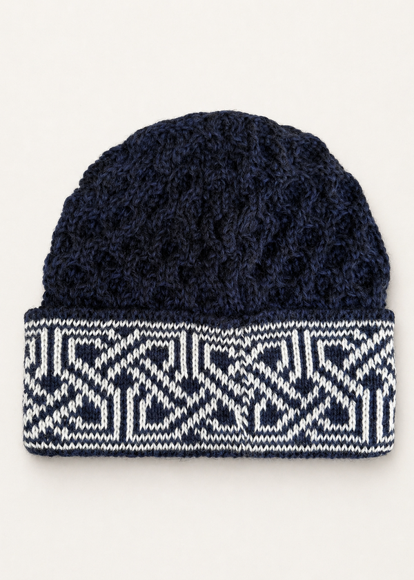 Aran Celtic Design Wool Hat - Navy