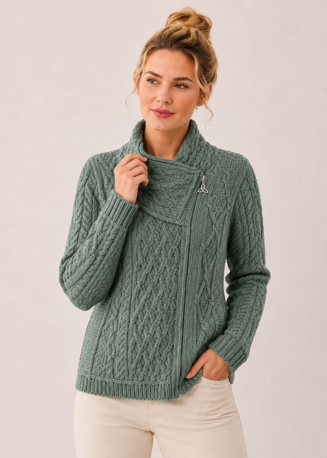 Aran Crafts Women's Tundra Green Shannon Cable Knit Side Zip Merino Wool Jacket | Made in Ireland