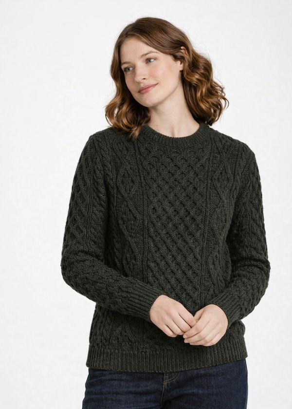 Unisex Aran Worsted Wool Sweater - Traditional Irish Cable Knit | Army Green