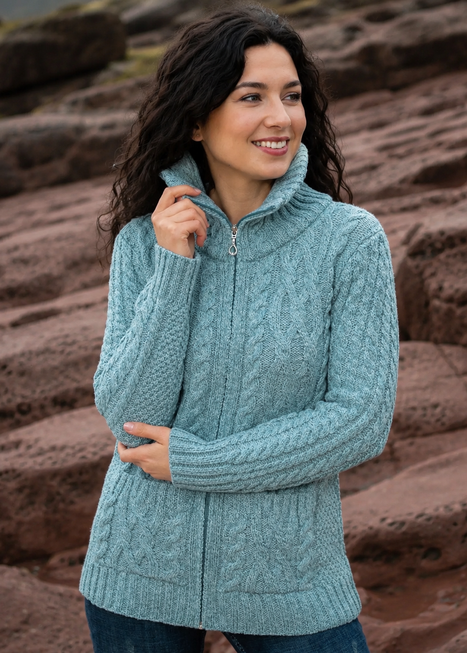 Aran Merino Wool Claddagh Zip Cardigan | Aqua