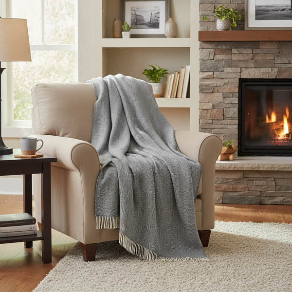 John Hanly Oversized Cashmere Throw - Grey Herringbone