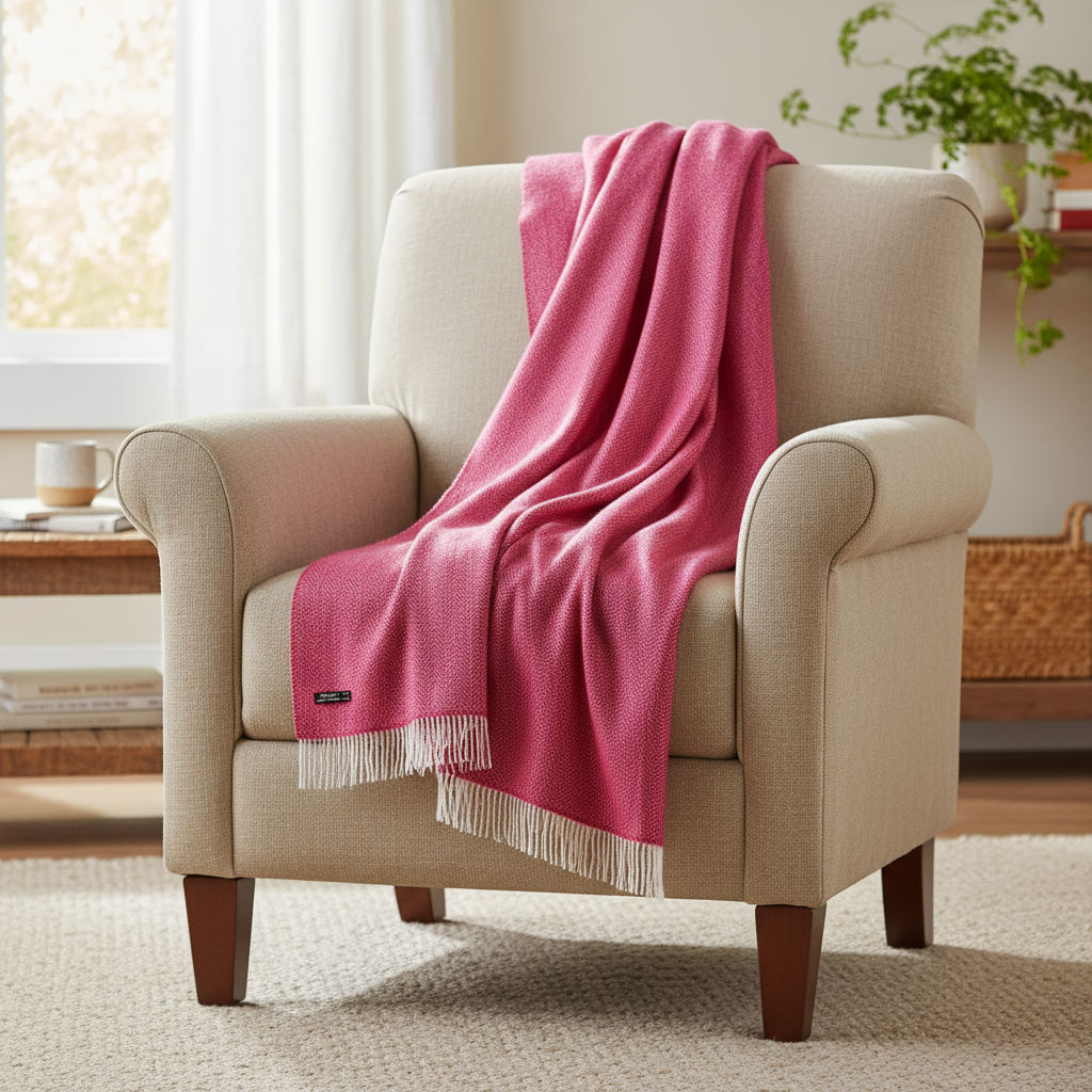 Oversized Merino Wool Cashmere Throw Raspberry Herringbone