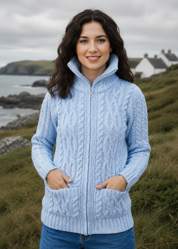 Aran Claddagh Zip Cardigan | 100% Merino Wool | Sky Blue