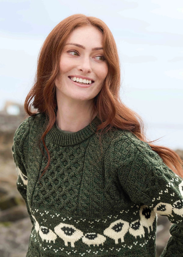 Oversized Aran Crew Neck Merino Wool Sheep Sweater | Green