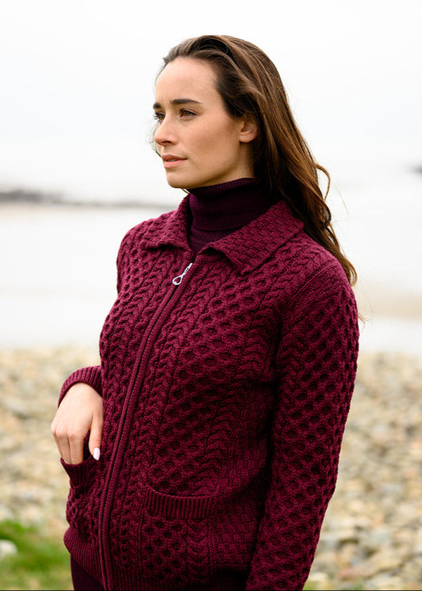 Aran Full Zip Cardigan | Raspberry Marl