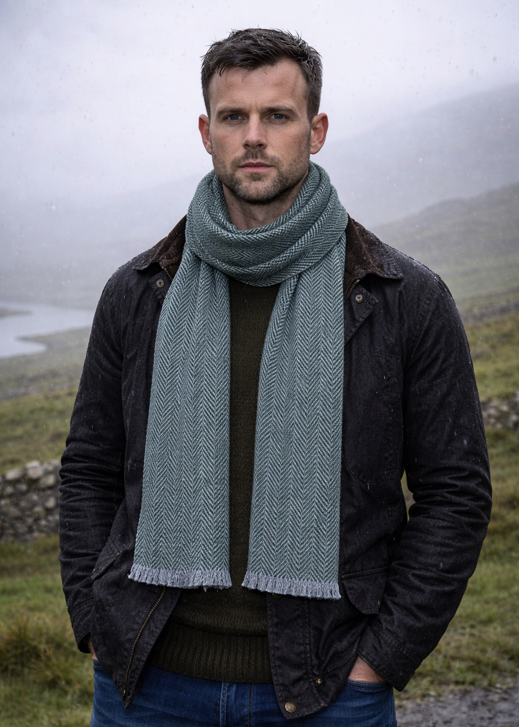 Mucros Donegal Wool Scarf | Green Herringbone | Made in Ireland