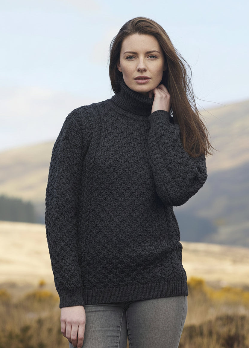 Aran Merino Polo Neck Sweater | Charcoal | Unisex | 100% Merino Wool