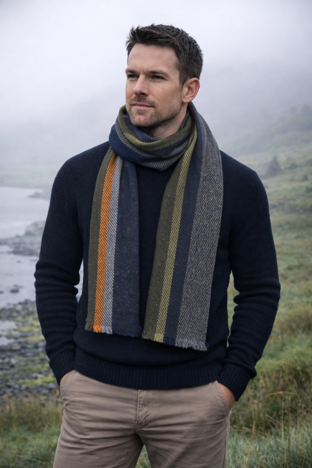 Mucros Donegal Wool Scarf - Premium Irish Made Scarf with Orange Stripe