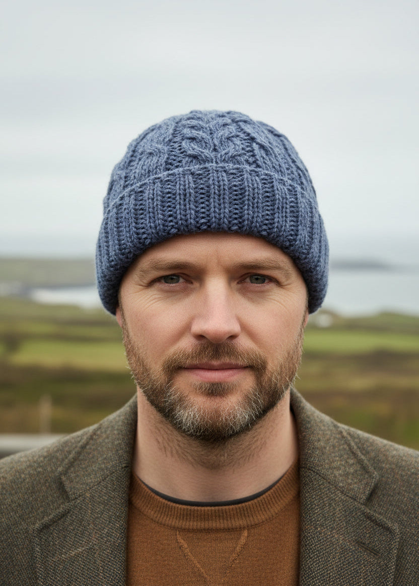 Aran Pure Wool Worsted Hat | Denim