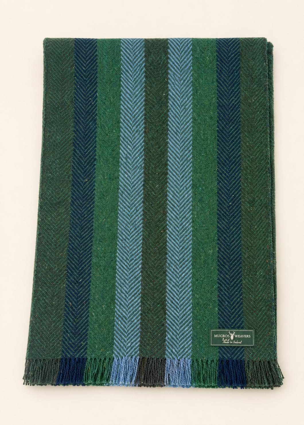 Mucros Donegal Wool Scarf | Green & Blue Stripe Herringbone