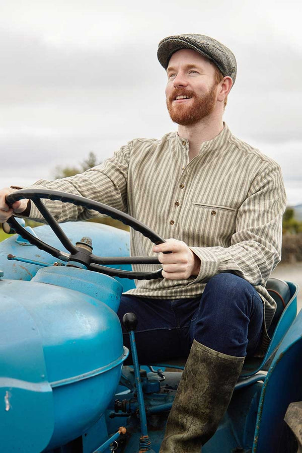 Men's Flannel Grandfather Shirt - Beige Green Maroon Stripe