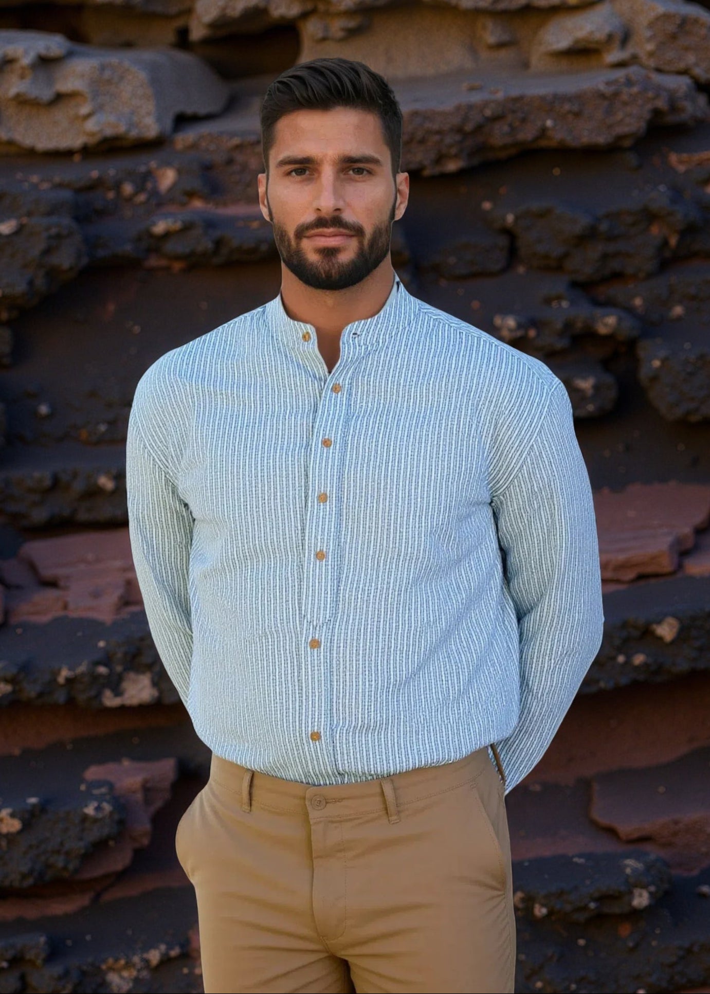 Grandfather Shirt | Green Stripes