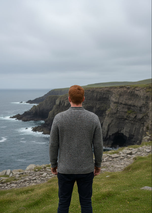 Roll Neck Merino Wool Fisherman Sweater | Grey Fleck