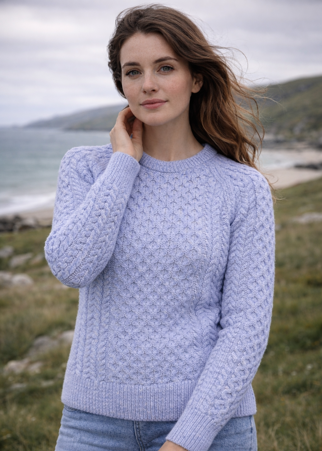 Ladies Slim-Fit Aran Sweater in Sky Blue | Premium Merino Wool