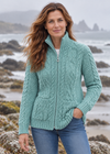 Aran Merino Wool Claddagh Zip Cardigan | Aqua