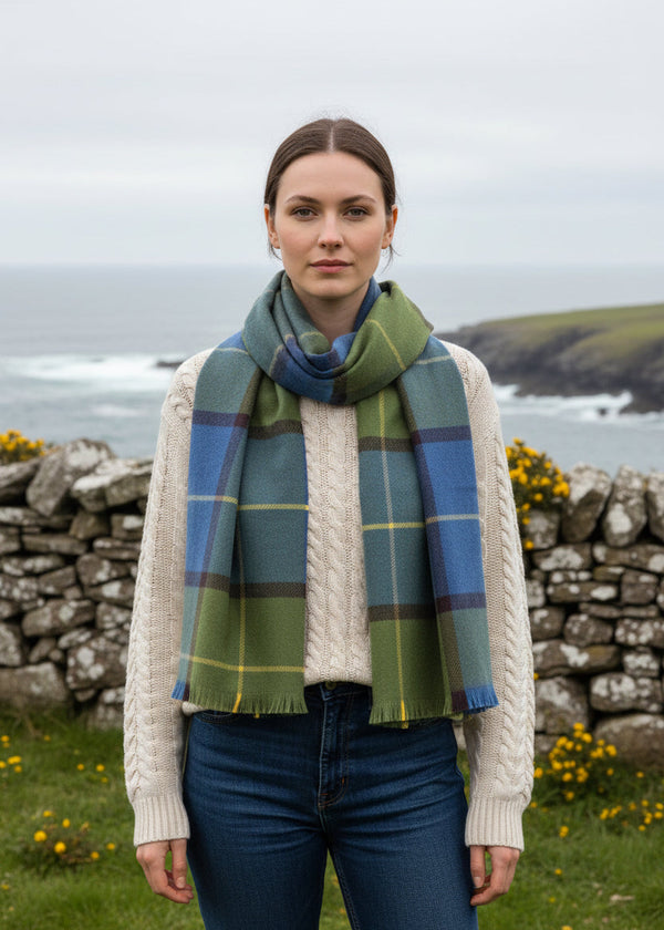 Foxford Giant Merino Scarf | Green Blue Check