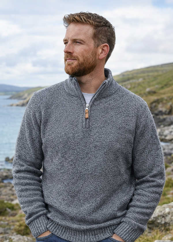 Men's 100% Lambswool Quarter Zip Sweater - Pepper Marl