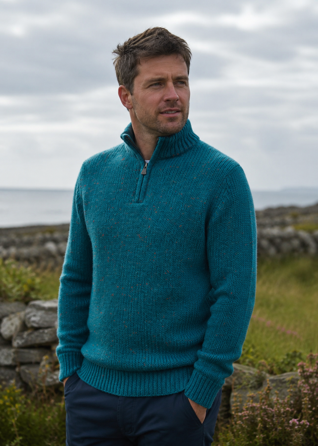 Pull demi-zip en laine Donegal pour homme | Turquoise - Liquidation