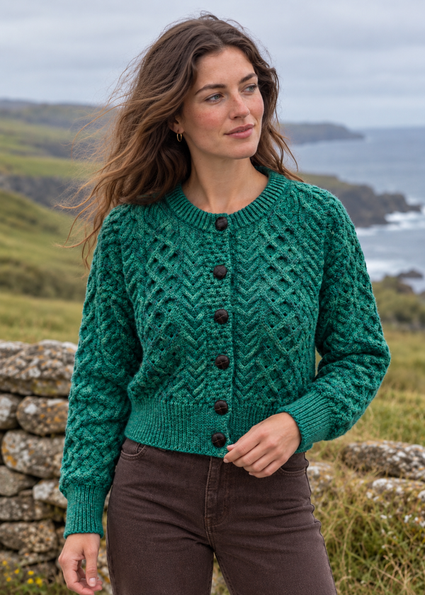 Ladies Merino Cropped Classic Aran Cardigan | Green