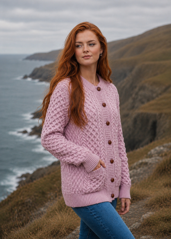 Women's Aran Merino Wool Lumber Cardigan - Rose Ash Pink
