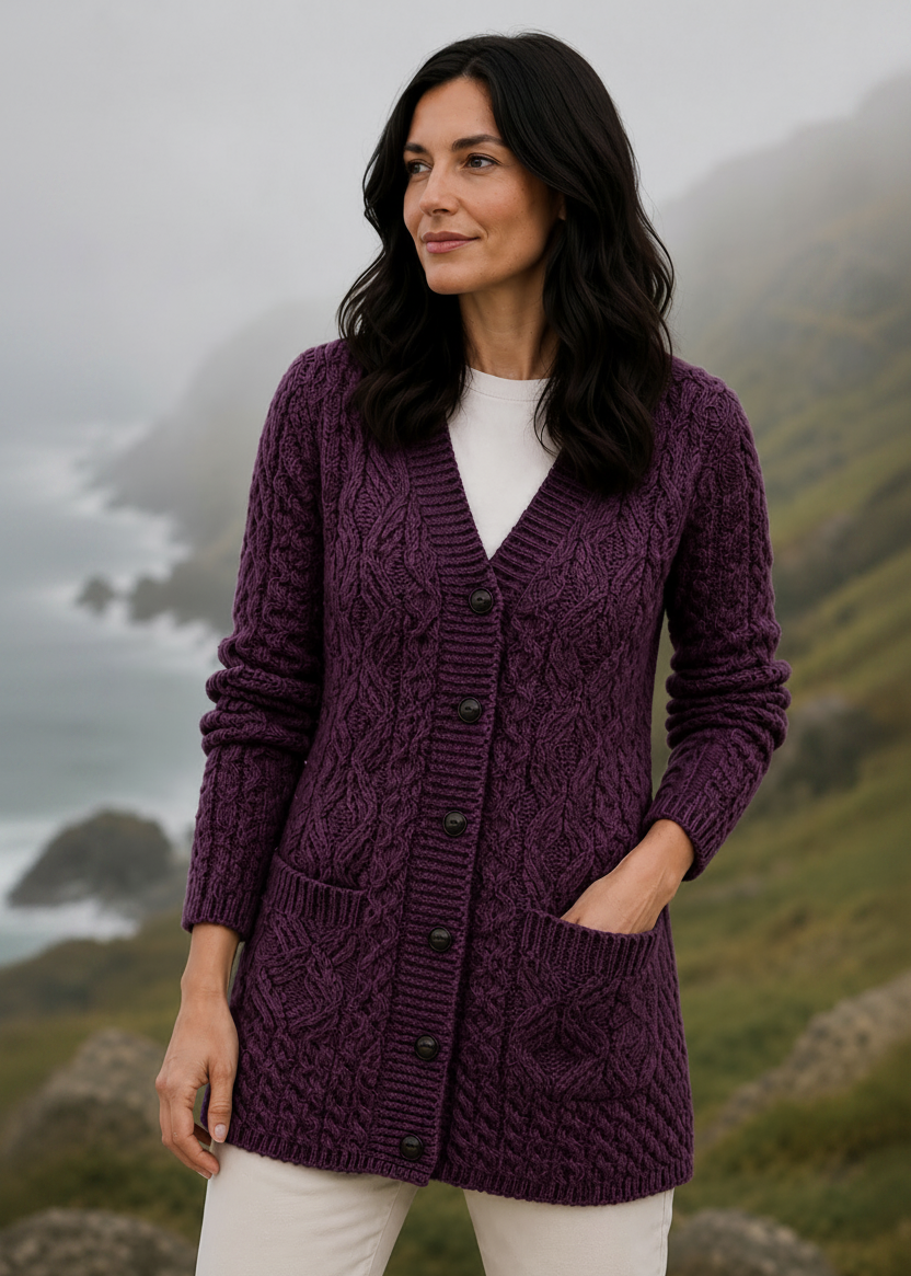 Aran Long Line Merino Cardigan | Purple Haze