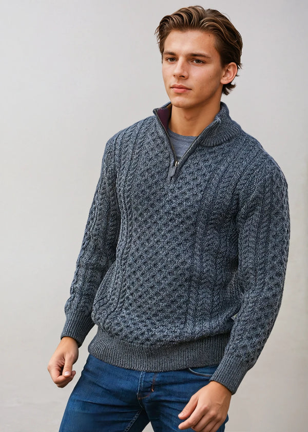 Aran Merino Wool Half Zip Sweater | Slate