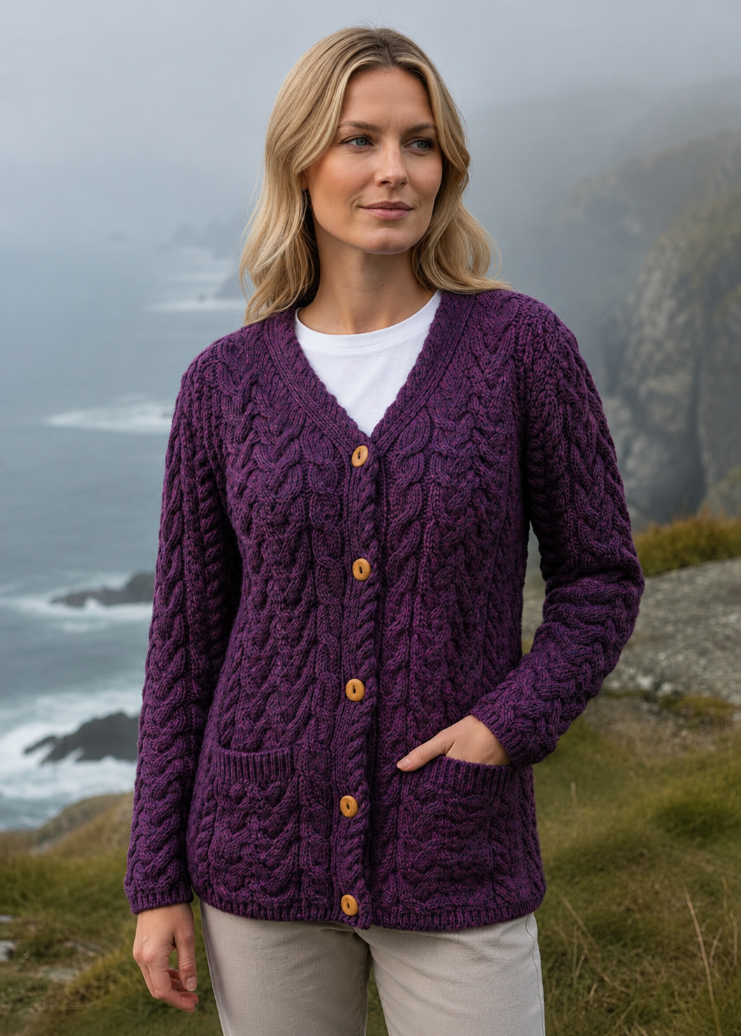 Aran Button-Up Cable Knit Cardigan | Berry Rose