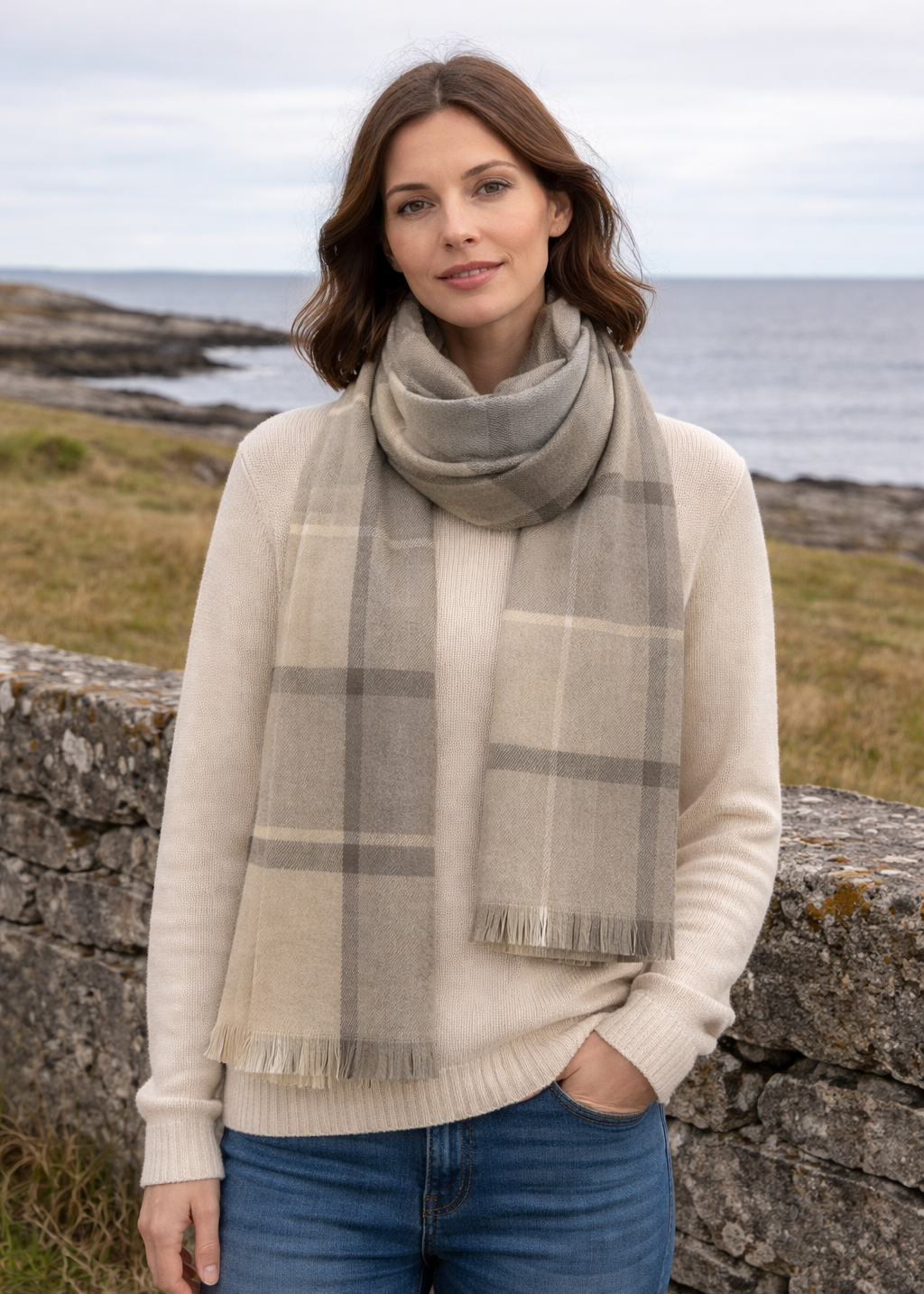 Foxford Giant Merino Scarf | Beige Oat Check