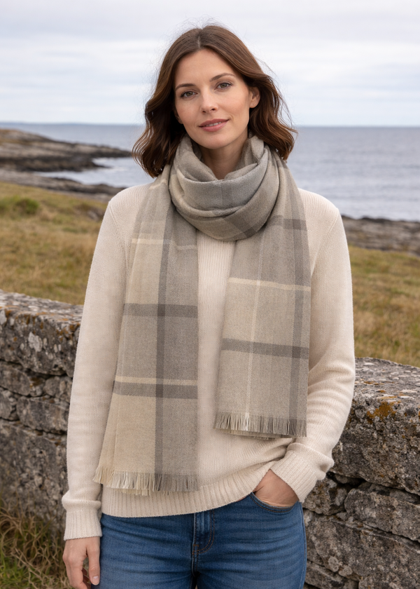 Foxford Giant Merino Scarf | Beige Oat Check