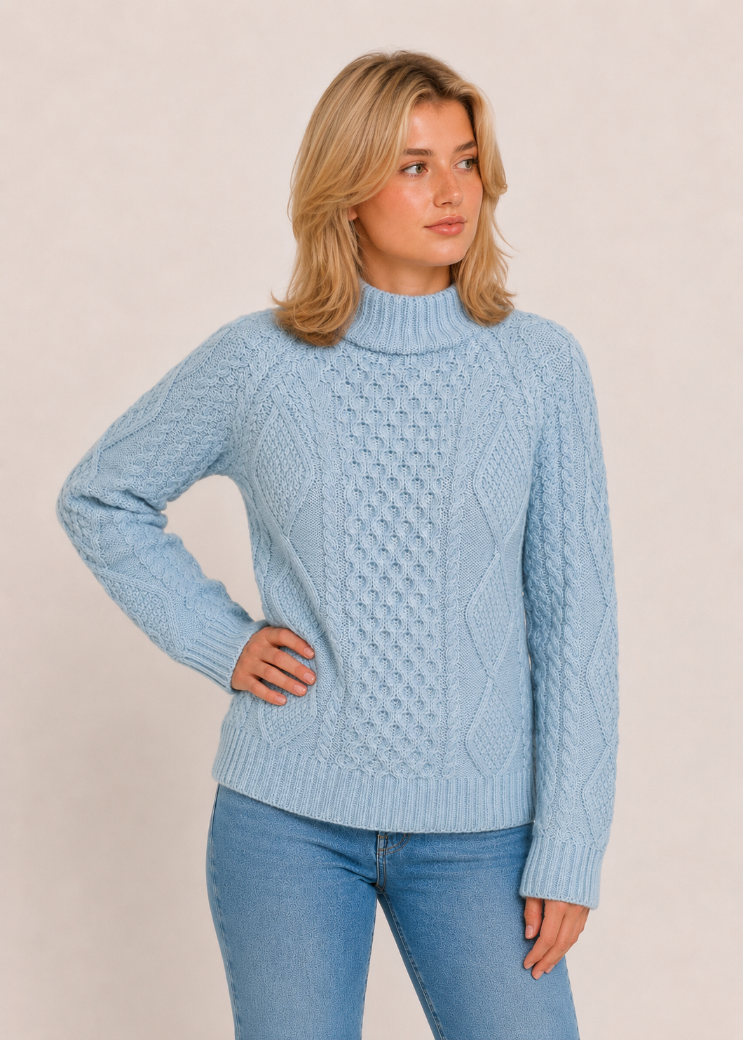 Merino Wool Cowl Neck Aran Sweater | Soft Sky