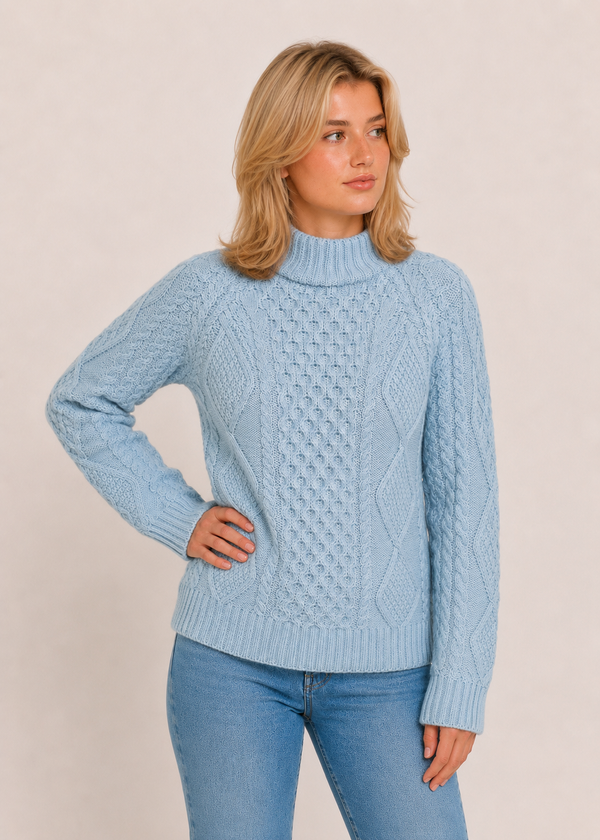 Merino Wool Cowl Neck Aran Sweater | Soft Sky