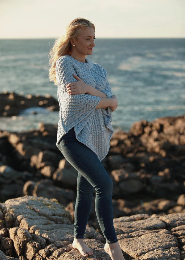 Aran Merino Wool Cowl Poncho | Sky