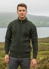 Full Zip Mens Merino Wool Aran Cardigan | Green