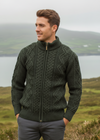 Full Zip Mens Merino Wool Aran Cardigan | Green