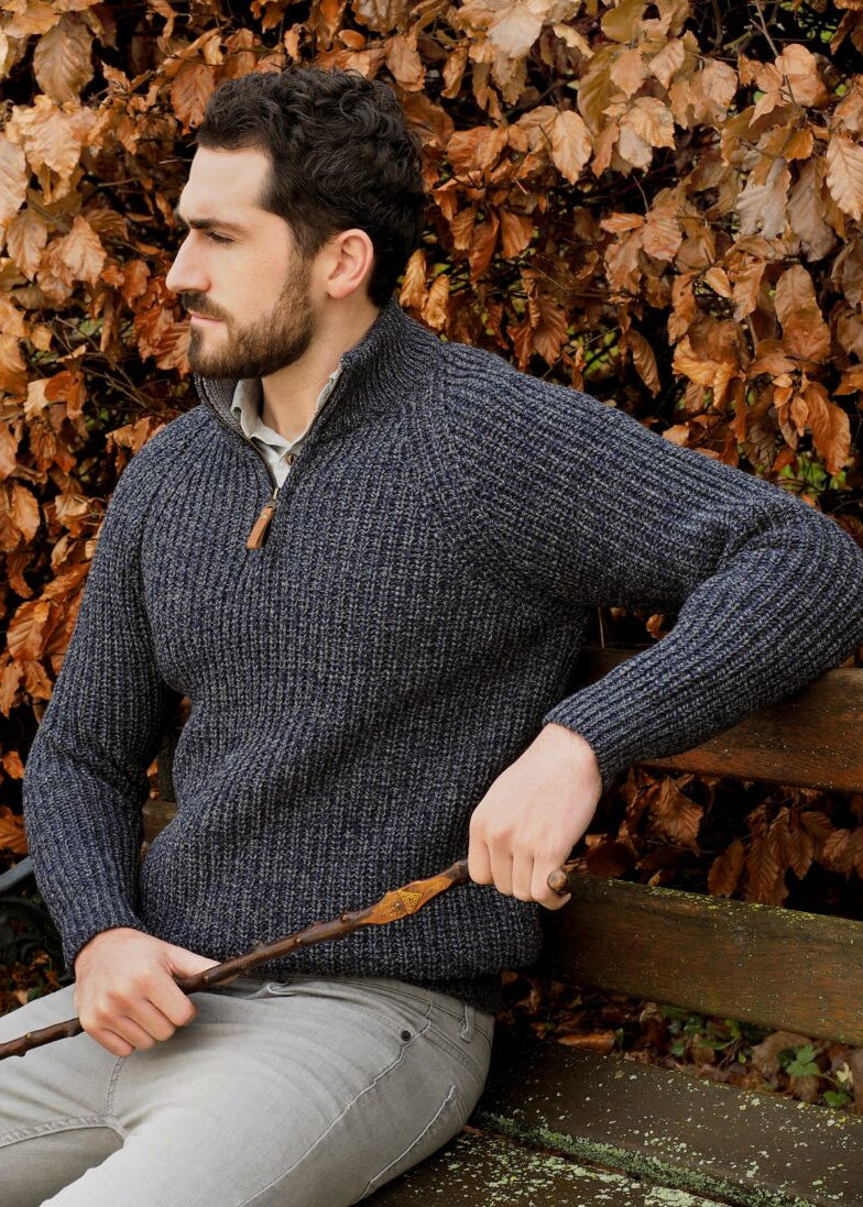 Spiddal Fisherman Rib Half Zip Sweater | 100% Merino Wool | Cormorant