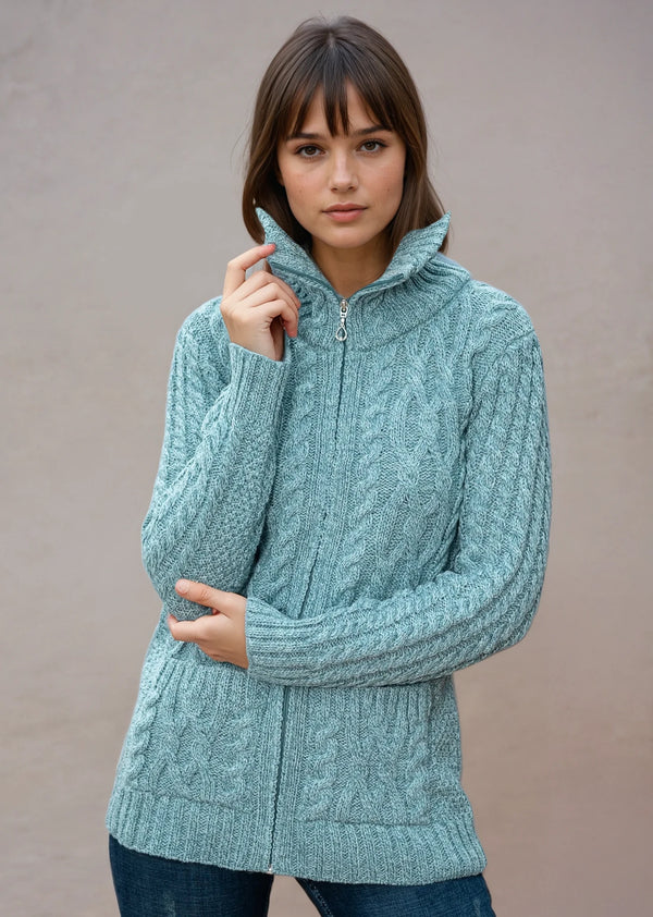 Aran Claddagh Zip Cardigan | Aqua