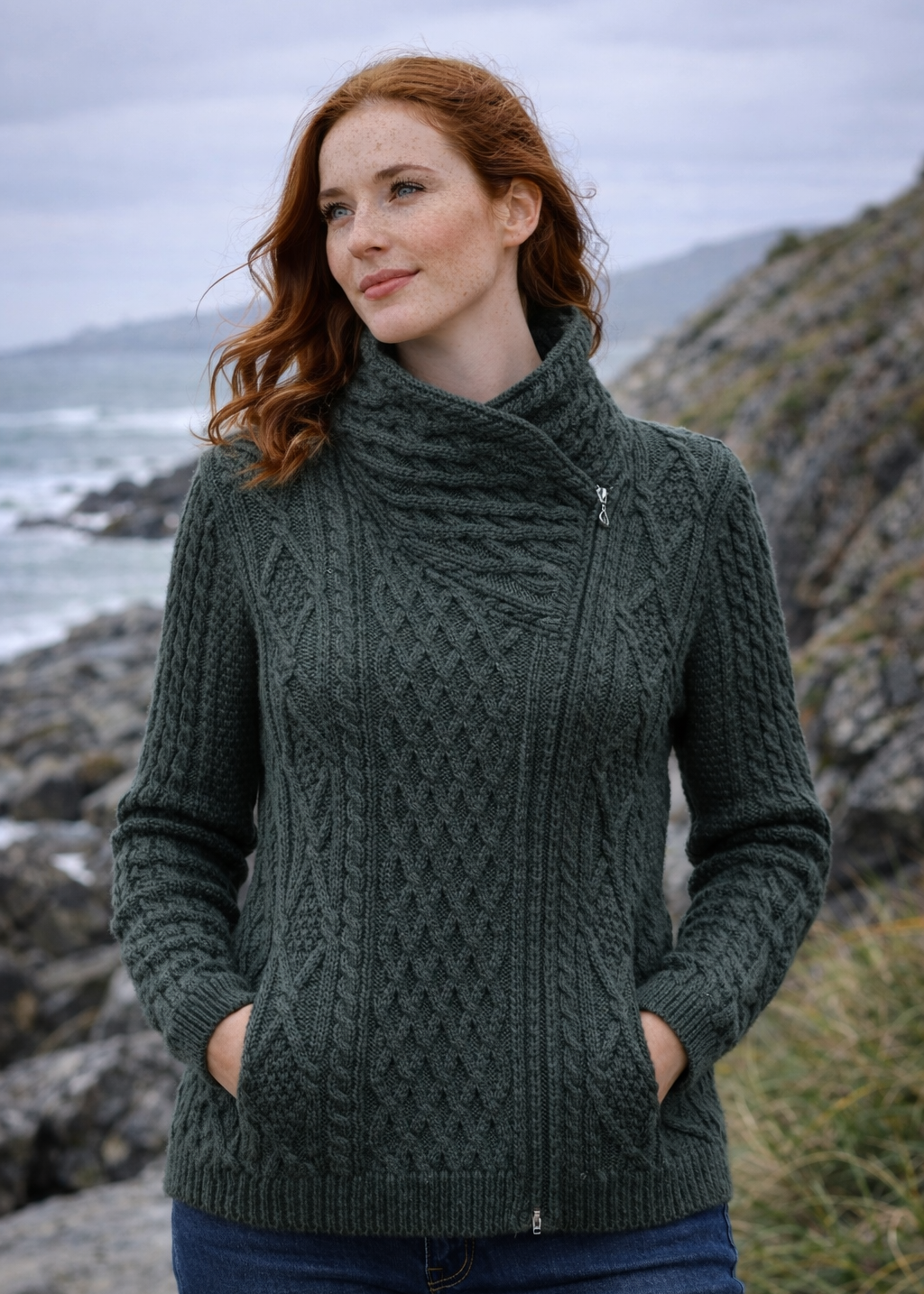 Aran Bikers Claddagh Side Zip Cardigan | Army Green