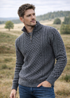 Aran Cable Knit Half Zip Sweater - 100% Merino Wool | Slate