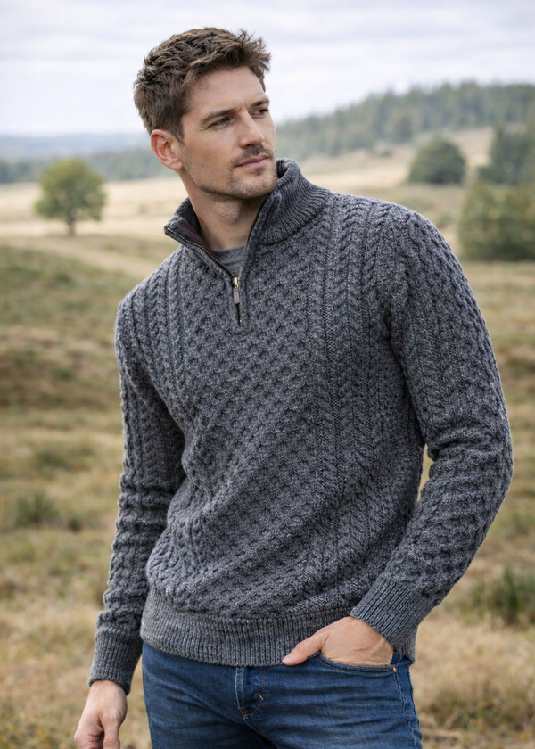 Aran Cable Knit Half Zip Sweater - 100% Merino Wool | Slate